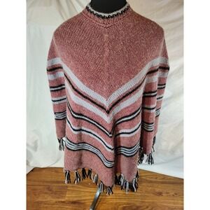 Vintage Handmade Striped Poncho Red & Gray Fringe Boho